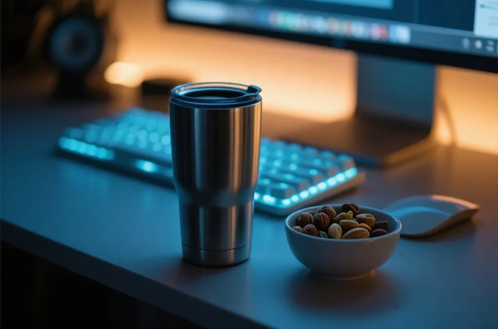 深夜看球桌面上摆放的健康零食与保温保冷杯